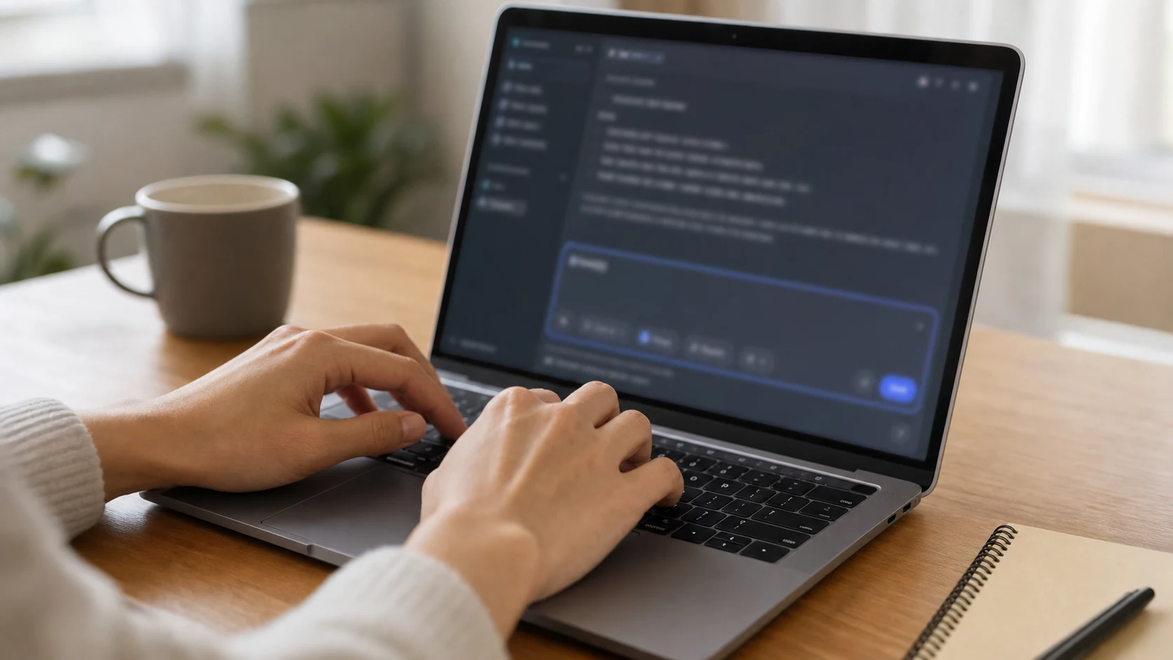 노트북 화면에 Sites 프롬프트를 입력하는 손