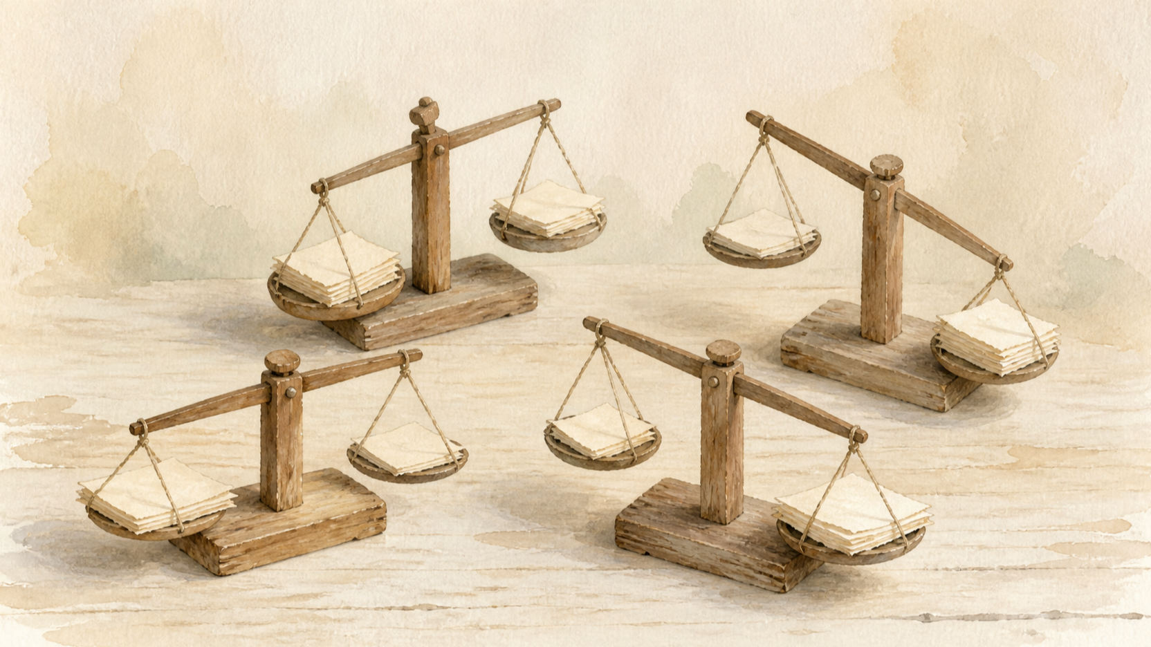 크림색 책상 위에 놓인 네 개의 작은 나무 저울과 그 위에 각각 다르게 기울어진 서류 더미를 수채화로 그린, 따뜻한 베이지 톤의 정물화